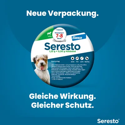 Seresto Halsband für Hunde bis 8 kg. Wirkungsdauer 7-8 Monate gegen Zecken, Flöhe, Larven und Haarlinge. Neue Verpackung, gleiche Wirkung, gleicher Schutz.