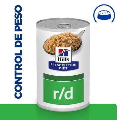 Lata de Hill's Prescription Diet r/d con texto visible: CONTROL DE PESO. Imagen de comida húmeda en una cuchara sobre la etiqueta.