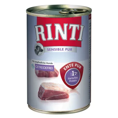Konzerva Rinti Sensible Pur, Ente Pur, nápisy: Für empfindliche Hunde, Getreidefrei, Nur 1 tierisches Protein. Zobrazené kousky masa.