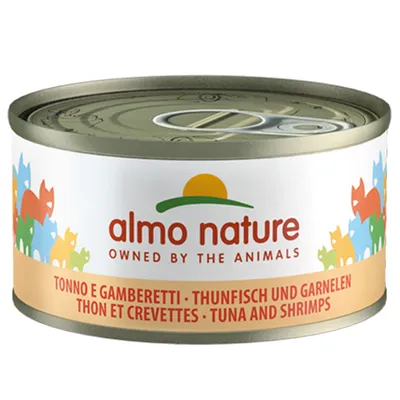 Almo Nature tonijn en garnalen. Opschrift: Owned by the Animals. Blik met kleurrijke kattenmotieven.