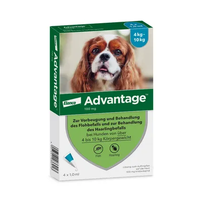 Elanco Advantage 100 mg. Lösung zur Vorbeugung und Behandlung von Floh- und Haarlingbefall bei Hunden über 4 bis 10 kg Körpergewicht. Packung enthält 4 x 1,0 ml.