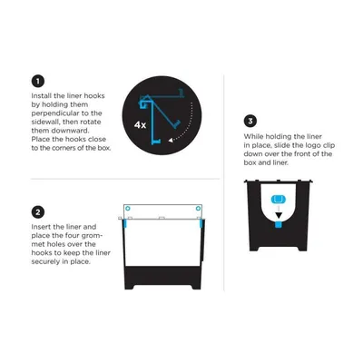 Installatie-instructies in het Engels voor het plaatsen van een voering en haken in een bak, met drie stappen en bijbehorende afbeeldingen. Tekst niet in het Nederlands.