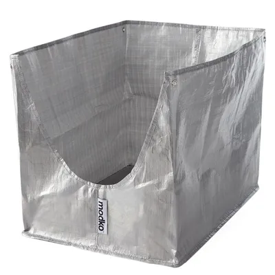 Zilvergrijze bak van kunststof met open voorkant en label 'modko' zichtbaar aan de voorzijde.