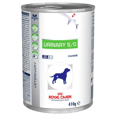 Royal Canin Veterinary Diet Urinary S/O Canine, Nassfutter für Hunde, 410g Dose. S/O Index und reduzierter Magnesiumgehalt sichtbar.
