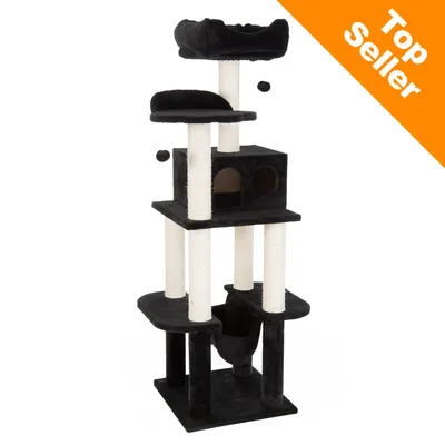 Black and cream multi-level cat tree with two platforms, hammock, enclosed box, scratching posts, and hanging toys. Orange badge in corner reads 'Top Seller'.