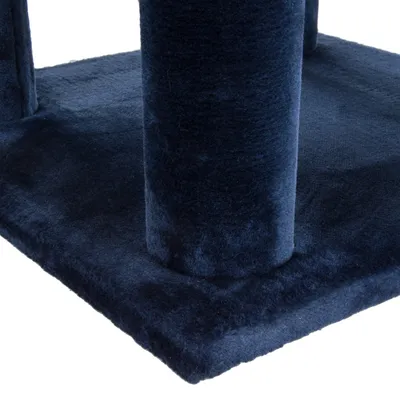 Bodemplaat en staande palen van een donkerblauwe krabpaal, bekleed met zachte stof. Alleen het onderste deel zichtbaar.