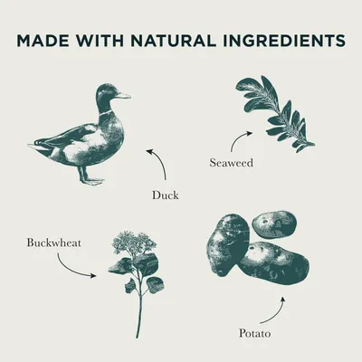 Made with natural ingredients: duck, algae, buckwheat, potato.