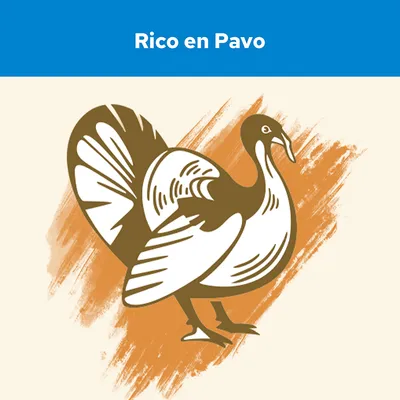 Texto visible: Rico en Pavo, con ilustración de un pavo sobre fondo beige y naranja.