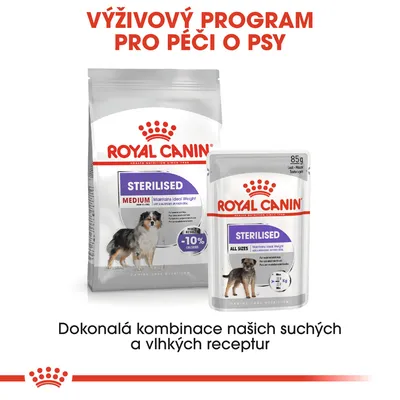 ROYAL CANIN STERILISED Medium suché krmivo a STERILISED All Sizes kapsička pro psy, nápis: Výživový program pro péči o psy. Dokonalá kombinace našich suchých a vlhkých receptur.