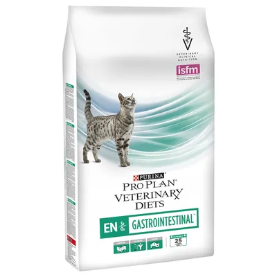 PURINA PRO PLAN VETERINARY DIETS EN GASTROINTESTINAL torrfoder för katt, ISFM-märke, bild på katt, 25 portioner visas på förpackningen.