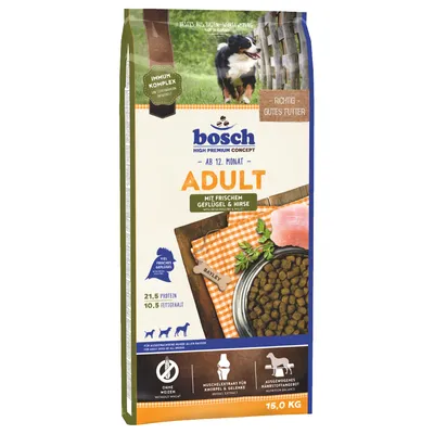 Bosch High Premium Concept Adulto desde 12 meses, con ave fresca y mijo, sin trigo, 21,5% proteína, 10,5% grasa, paquete de 15 kg.