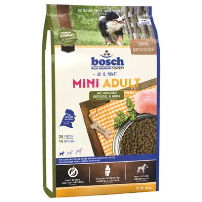 bosch Mini Adult pienso para perros a partir de 10 meses, con ave fresca y mijo, sin cereales con gluten, para razas pequeñas hasta 15 kg, paquete de 3 kg.