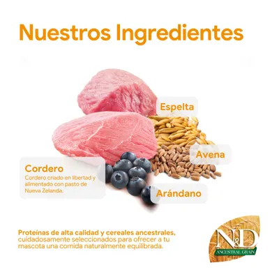 Ingredientes: carne de cordero, arándanos, espelta, avena. Cordero de Nueva Zelanda, proteínas de alta calidad y cereales ancestrales para una alimentación equilibrada. N&D Ancestral Grain.