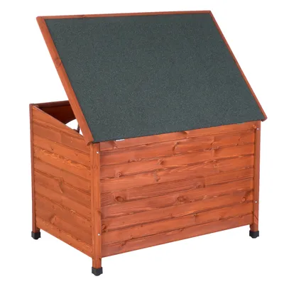 Caja de almacenamiento exterior de madera con tapa abatible y patas cortas, adecuada para guardar accesorios o comida para mascotas. Techo cubierto de material impermeable oscuro. Caja de almacenamiento exterior de madera con tapa abatible y patas cortas, adecuada para guardar accesorios o comida para mascotas. Techo cubierto de material impermeable oscuro.
