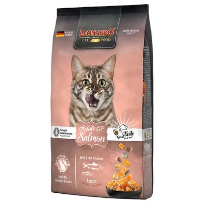 Leonardo Cat Food Adult GF Salmon, bild på katt och laxbitar, text: Made in Germany, Auch für sensible Katzen, Mi EXTRA frischem Lachs, Super Premium Quality.