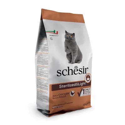Schesir Sterilized & Light karma dla kotów, bogata w kurczaka, 10 kg. Włoski produkt, tylko białko zwierzęce jako pierwszy składnik, niskotłuszczowa, łatwostrawna.