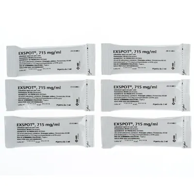 6 pipette Exspot 715 mg/ml soluzione spot-on per cani, principio attivo permetrina 40:60, confezione da 2 ml ciascuna, uso veterinario, scadenza e lotto visibili sull'etichetta.