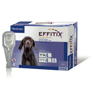 Virbac EFFITIX 134 mg/1200 mg soluzione spot-on per cani di taglia media, confezione da 4 pipette, indicato per cani 10–20 kg. Immagini di cane e parassiti visibili sulla scatola.