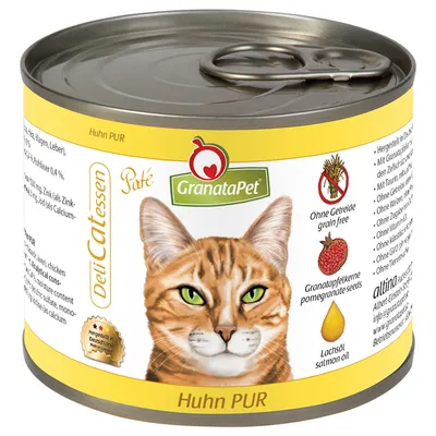 Lata de paté GranataPet DeliCatessen Huhn PUR para gatos. Etiqueta: sin cereales, semillas de granada, aceite de salmón. Imagen de un gato y texto 'Huhn PUR'.