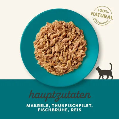 100% NATURAL INGREDIENTS. Hauptzutaten : Makrele, Thunfischfilet, Fischbrühe, Reis (texte en allemand). Assiette de nourriture pour chat visible.