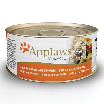 Applaws Natural Cat Food, 70 g burk. Text: 100% natural. Smak: Chicken breast with pumpkin. Flera språk på etiketten.