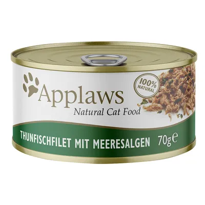 Konzerva Applaws Natural Cat Food, 100% Natural, Thunfischfilet mit Meeresalgen, 70 g. Text v němčině.