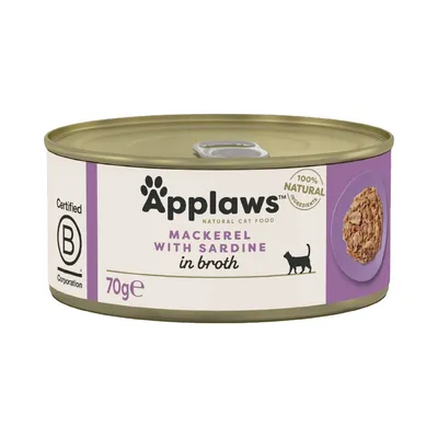Applaws Natural Cat Food, Mackerel with Sardine in Broth, 70g tin, Certified B Corporation, 100% natural ingredients text visible on label