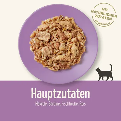 Основные ингредиенты: макрель, сардины, рыбной бульон, рис. Надпись на немецком: Mit natürlichen Zutaten hergestellt. Корм для кошек на фиолетовой тарелке.