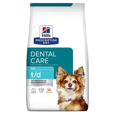 Confezione Hill's Prescription Diet Dental Care MINI t/d, raccomandato dai veterinari. S+OX Shield, immagine di un cane sul fronte.