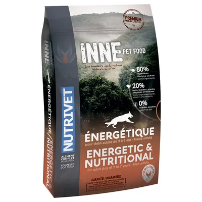 Sac de croquettes NUTRIVET INNE Pet Food Énergétique & Nutritional pour chien adulte 2–7 ans, 80 % ingrédients d’origine animale, 20 % fruits/légumes, sans céréales ajoutées.