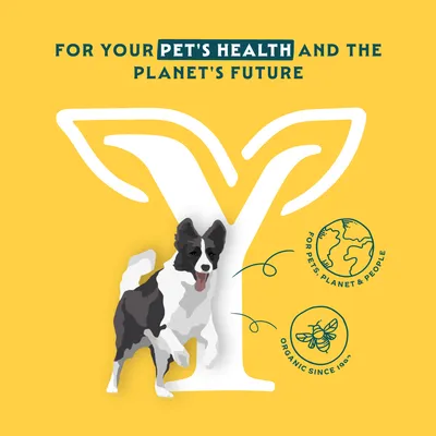 Voor de gezondheid van je huisdier en de toekomst van onze planeet. Symbolen: Aarde met 'Voor huisdieren, planeet & mensen', Bij met 'Biologisch sinds 1902'. Hond voor grote Y. Voor de gezondheid van je huisdier en de toekomst van onze planeet. Symbolen: Aarde met 'Voor huisdieren, planeet & mensen', Bij met 'Biologisch sinds 1902'. Hond voor grote Y.