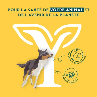 Pour la santé de votre animal et l’avenir de la planète. Pour les animaux, la planète et les personnes. Bio depuis 1992. Illustration d’un chien et symboles de la Terre et de l’abeille.