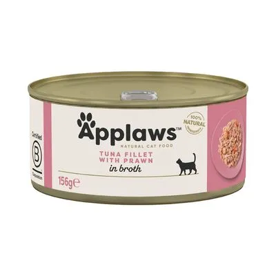 Blik Applaws Natural Cat Food, Tuna Fillet with Prawn in Broth, 156g. Opdruk: 100% natural. Afbeelding van kattenvoer op bord zichtbaar op het etiket.