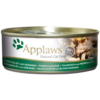 Scatoletta Applaws Natural Cat Food, filetto di tonno con alghe marine, 100% natural, testo multilingue visibile sulla confezione.