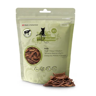 Confezione catz finefood Meatz N°5 vitello, 98% carne, senza cereali, prodotto in Svizzera. Testo visibile: Kalb, Veal, Vitello, Ternera blanca, Kalf, Cielęcina, Vitela.