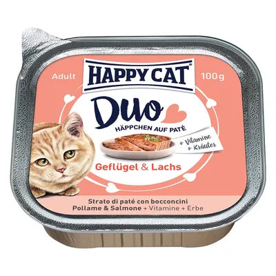Happy Cat Duo Häppchen auf Paté, Geflügel & Lachs, Adult, 100 g. + Vitamine + Kräuter. Strato di paté con bocconcini Pollame & Salmone + Vitamine + Erbe.