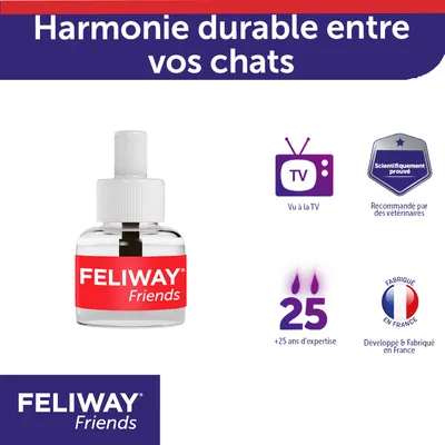 FELIWAY Friends flacon, texte visible : Harmonie durable entre vos chats, Vu à la TV, Scientifiquement prouvé, Recommandé par des vétérinaires, 25+ ans d’expertise, Développé & Fabriqué en France