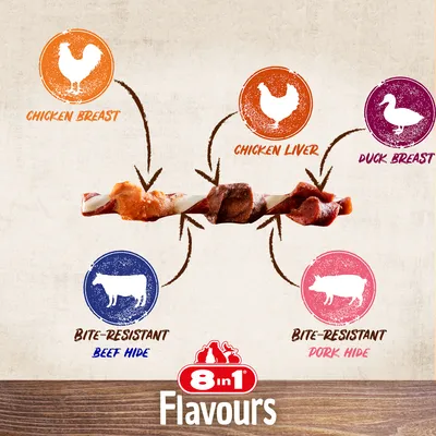 8in1 Flavours dog chew with visible text: chicken breast, chicken liver, duck breast, bite-resistant beef hide, bite-resistant pork hide. 8in1 logo at bottom.
