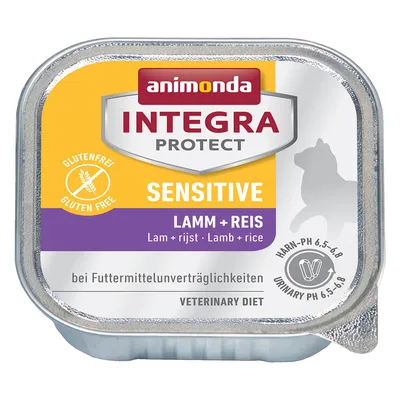 animonda INTEGRA PROTECT SENSITIVE LAMM + REIS, gluteeniton, urinary pH 6,5–6,8, veterinary diet. Teksti myös saksaksi ja englanniksi pakkauksessa.