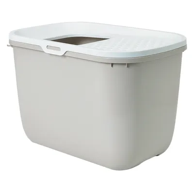 Caja de plástico gris con tapa blanca y abertura rectangular, adecuada para almacenamiento o uso como caja de arena para gatos.