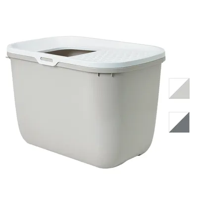 Caja de arena para gatos de plástico con entrada superior y tapa blanca. Se muestran dos opciones de color: gris claro y gris oscuro.