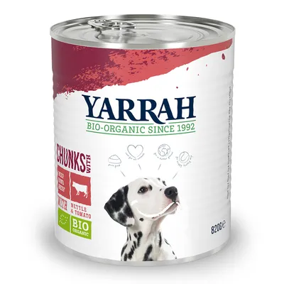 Yarrah Bio-Organic Since 1992 natvoer voor honden, chunks met rund, brandnetel en tomaat, BIO ORGANIC keurmerk, blik van 820 g, afbeelding van een dalmatiër op het etiket.
