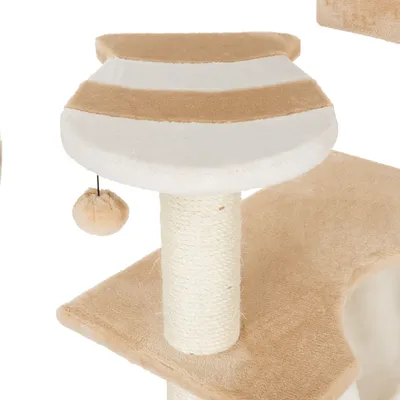 Cat tree with beige plush, sisal scratching post, padded lying surface and hanging play ball.