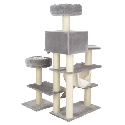 Grauer Kratzbaum mit mehreren Ebenen, Sisalstämmen, zwei Liegeflächen, einer Höhle und einer Hängematte. Ideal für Katzen zum Klettern und Entspannen.