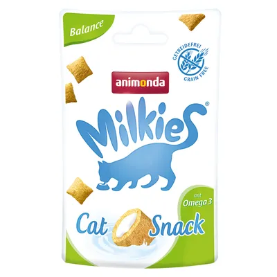 Animonda Milkies Balance Cat Snack, getreidefrei, mit Omega 3. Verpackung zeigt Snacks und Katze-Symbol.