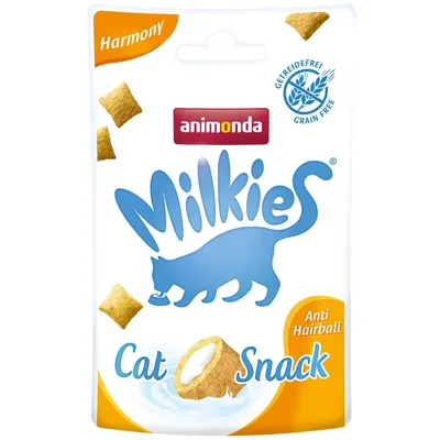 Opakowanie przysmaku dla kota animonda Milkies Harmony Cat Snack, Anti Hairball, bez zbóż (grain free), widoczne poduszki z nadzieniem. Napis: animonda, Milkies, Cat Snack.