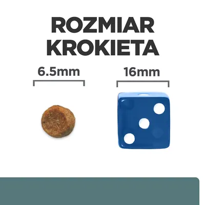 Rozmiar krokieta: średnica 6,5 mm, porównanie z kostką do gry o boku 16 mm. Widoczne napisy: 'ROZMIAR KROKIETA', '6.5 mm', '16 mm'.