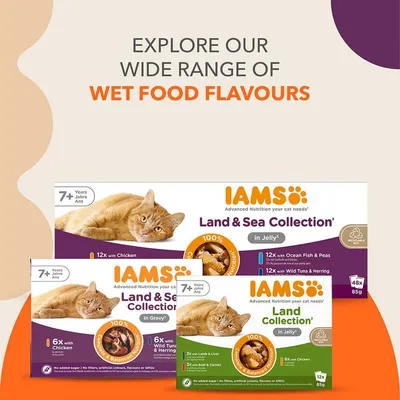 IAMS Land & Sea Collection og Land Collection kattefoder til katte fra 7 år, forskellige varianter i gelé og sovs, 100% afbalanceret ernæring, uden tilsat sukker.
