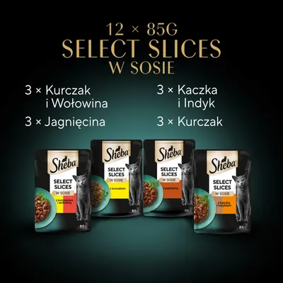 Sheba Select Slices w sosie, 12 x 85 g: 3x kurczak i wołowina, 3x jagnięcina, 3x kaczka i indyk, 3x kurczak. Cztery saszetki porcjowe przedstawione. Sheba Select Slices w sosie, 12 x 85 g: 3x kurczak i wołowina, 3x jagnięcina, 3x kaczka i indyk, 3x kurczak. Cztery saszetki porcjowe przedstawione.