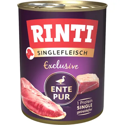 Rinti Singlefleisch Exclusive Ente Pur, 1 Protein Single, getreidefrei. Dose mit Entenfleischabbildung.